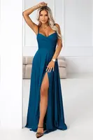 Dlouhé večerní šaty s ramínky a rozparkem - teal