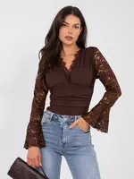 Hnedé čipkované body s dlhými rukávmi