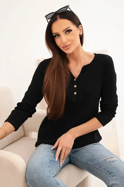 Kesi Włoski Dámská bavlněná blůza s dlouhým rukávem a knoflíky u výstřihu černá