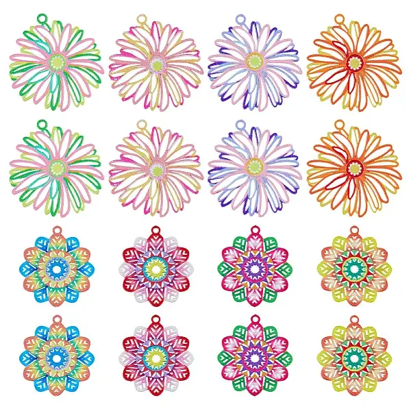 48Pcs 8 Styles Spray Painted 430 Stainless Steel Filigree Pendants