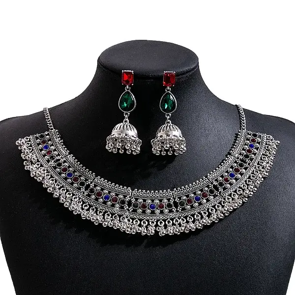 Teardrop Ethnic Style Alloy Glass Rhinestone Bib Necklaces & Dangle Earrings Sets