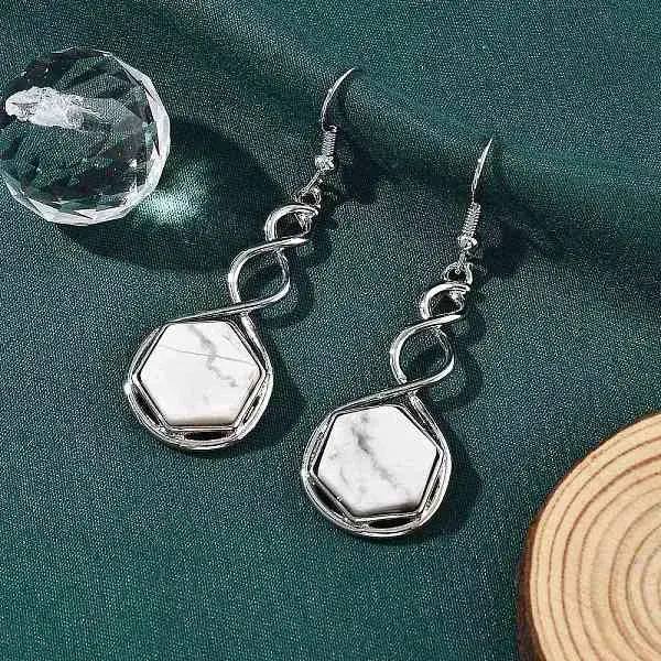 Hexagon Natural Howlite Dangle Earrings