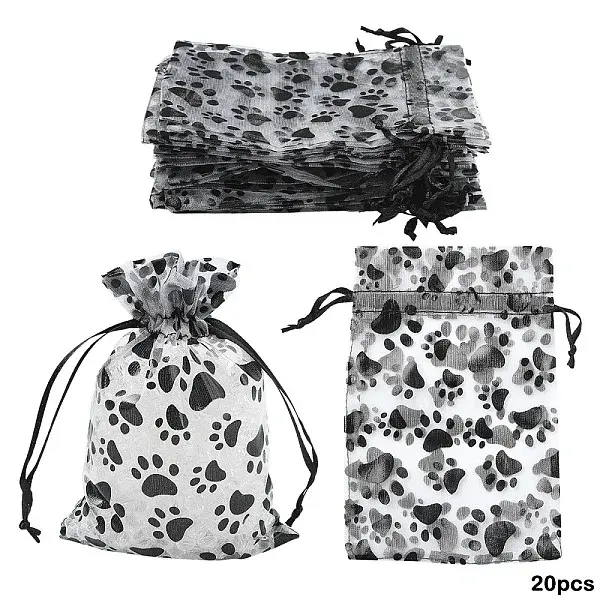 20Pcs Paw Print Organza Jewelry Drawstring Pouches