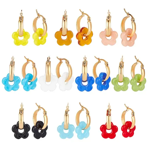10 Pairs 10 Colors Handmade Lampwork with 304 Stainless Steel Hoop Earrings
