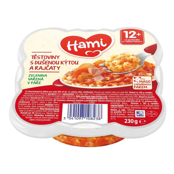 HAMI masozeleninový talířek Těstoviny s dušenou kýtou a rajčaty, 12+ 230 g