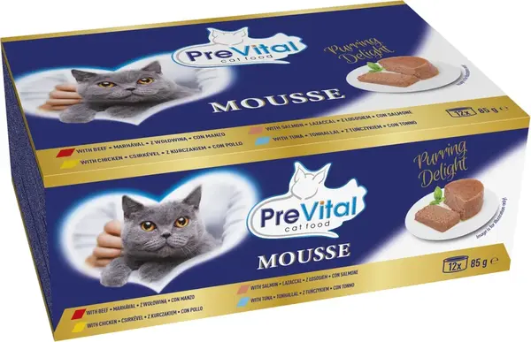 PreVital Mousse Adult výber konzerv krmiva pre mačky - hovädzie, kuracie, tuniakové, lososové 12 x 85 g