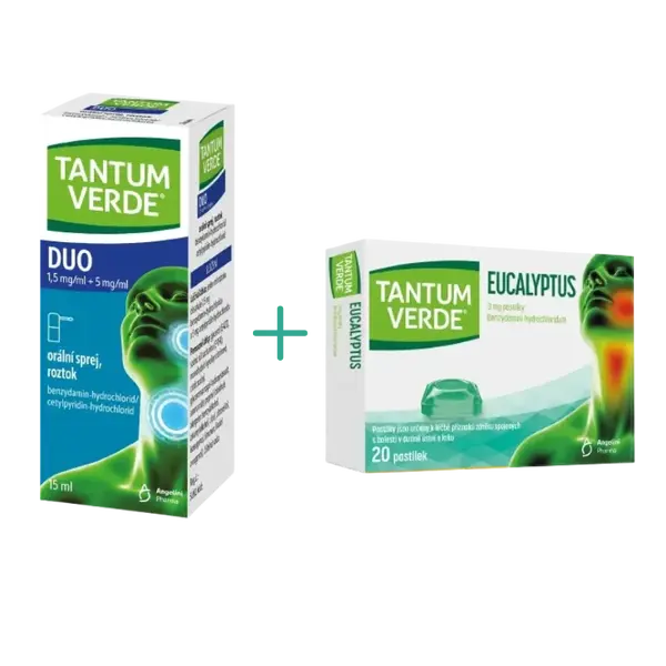TANTUM VERDE DUO 1,5 mg/ml + 5 mg/ml orální sprej, roztok 15 ml a Tantum Verde Eucalyptus 3 mg 20 pastilek