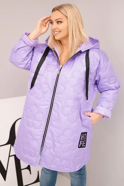 Kesi Włoski Dámská bunda Plus Size prošívaná s kapucí a nápisem HOPE světle fialová
