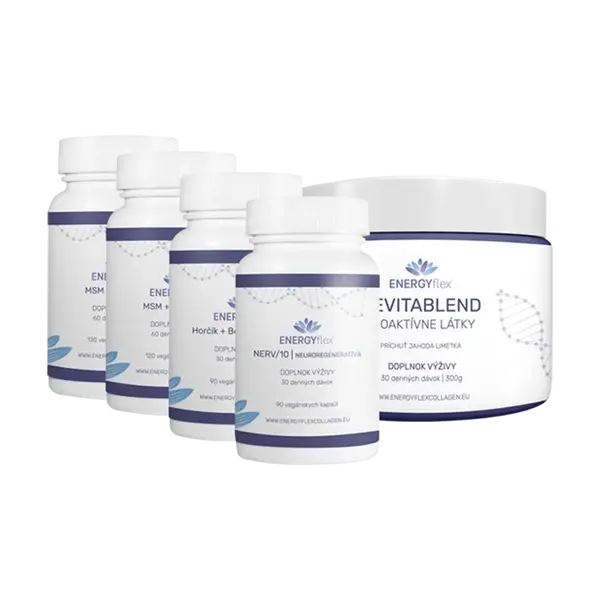 Energyflex balíček kompletná regenerácia MAX (2x MSM + Vitamín C, Nerv/10, Magnézium, Revitablend Jahoda-Limetka)