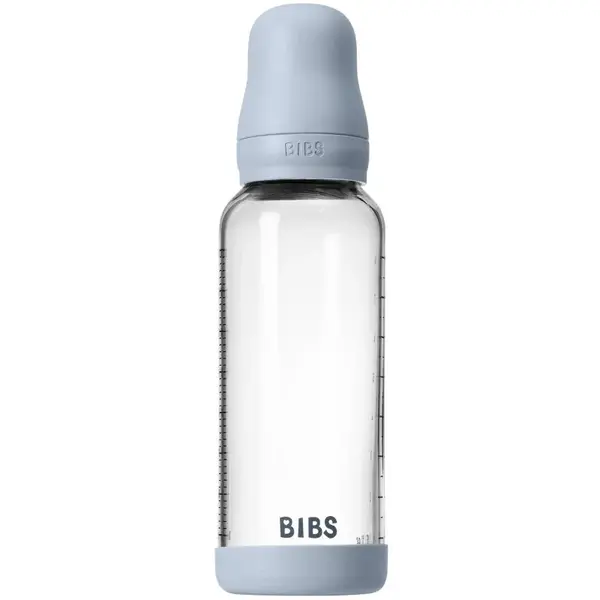 BIBS Baby Glass Bottle Silicone antikoliková lahev se silikonovým pítkem Baby Blue 240 ml