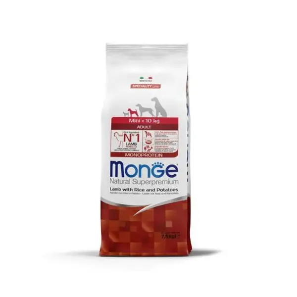 MONGE Natural Superpremium Mini Adult 7,5kg monoproteínové krmivo jahňa/ryža/zemiaky pre dospelých psov malých plemien