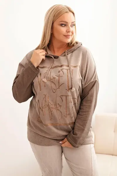 Kesi Włoski Dámska mikina Plus Size dekantovaná s kapucňou a potlačou fango