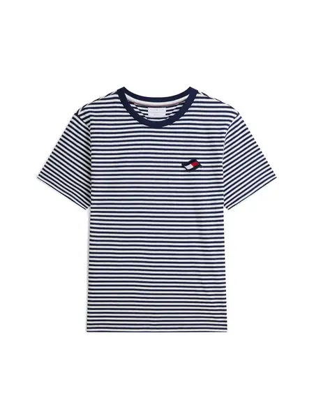 TOMMY HILFIGER Tričko 'Wavy Flag Patch Stripe'  námornícka modrá / biela