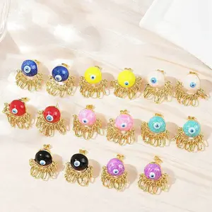 Brass Enamel Evil Eye Dangle Stud Earrings