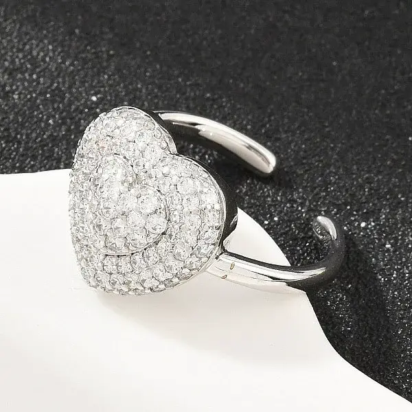 Heart Brass Micro Pave Cubic Zirconia Cuff Open Rings for Women