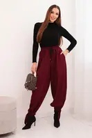 Kesi Włoski Dámské kalhoty s širokým nohavicí a zavazováním dole bordové