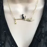 Halloween Alloy Black Cat with Broom Pendant Necklaces for Women