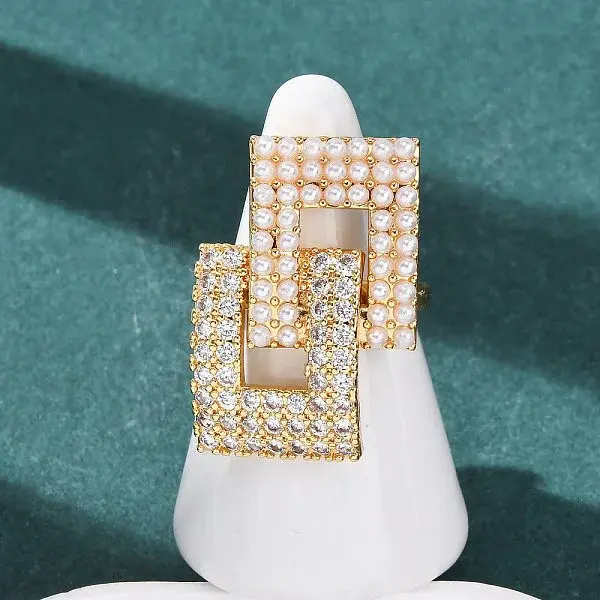 Adjustable Brass Micro Pave Clear Cubic Zirconia with ABS Plastic Pearl Cuff Rings