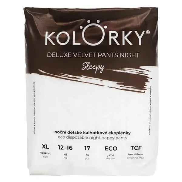 KOLORKY Deluxe Velvet noční kalhotkové plenky sleepy XL (12-16 kg) 17 ks