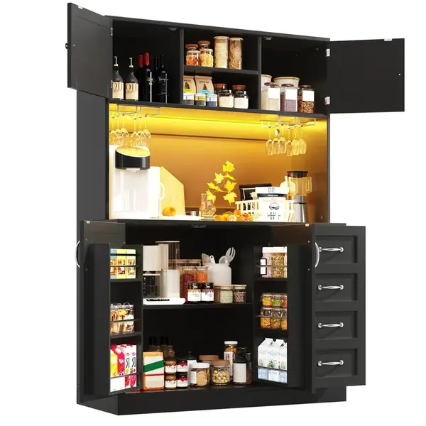 Modenvie BUFFET z MDF, 120/40/188 cm černý, s LED osvětlením a 4 dvířky