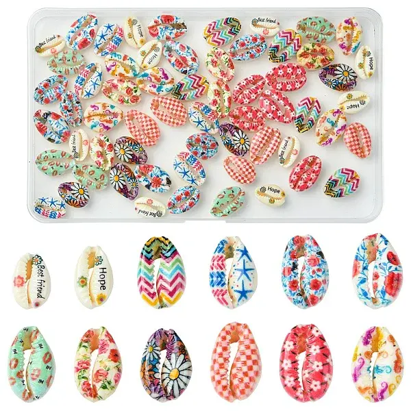 60Pcs 12 Styles Printed Natural Shell Beads
