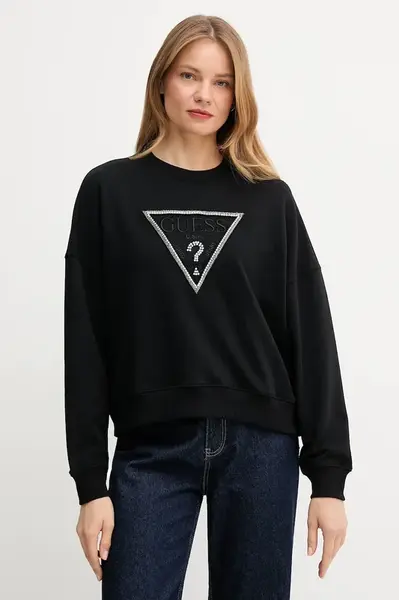 Bavlněná mikina Guess RACHELE dámská, černá barva, s aplikací, W5YQ04 KC8I0