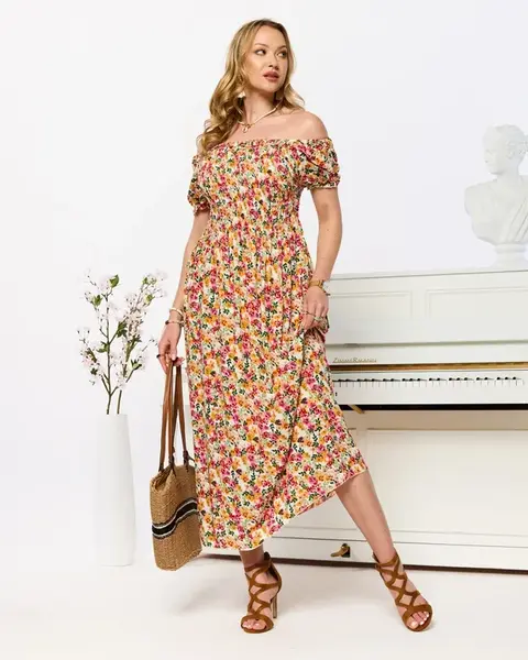 Resti White women's midi dress with floral pattern- Clothing
