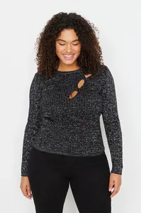Trendyol Curve Černá Stříbřitá Posádka Výstřih Detail Pletený Svetr