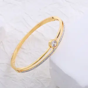 Stainless Steel Pave Clear Cubic Zirconia Hinged Bangles for Women