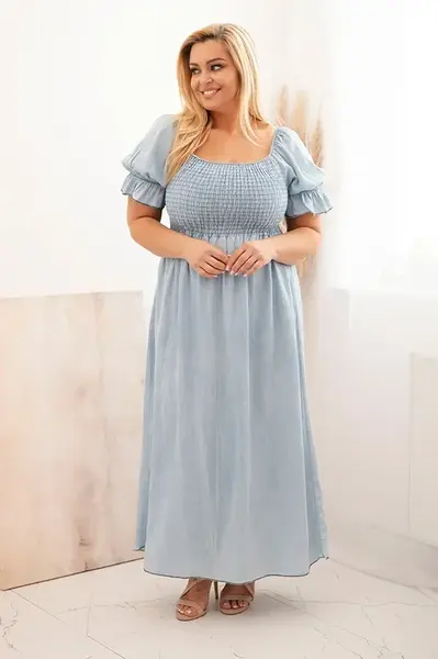 Kesi Włoski Dámské šaty plus size s krátkým rukávem a řasením z tencelu maxi světle džínová
