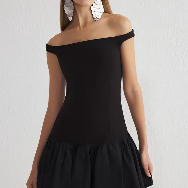 Trendyol Black A-Line Carmen Collar Woven Short Dress
