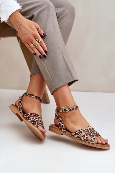 Lewski Shoes Kožené Dámské Sandály Na Plochém Podpatku Leopardí Zazoo 3688 Hnědé