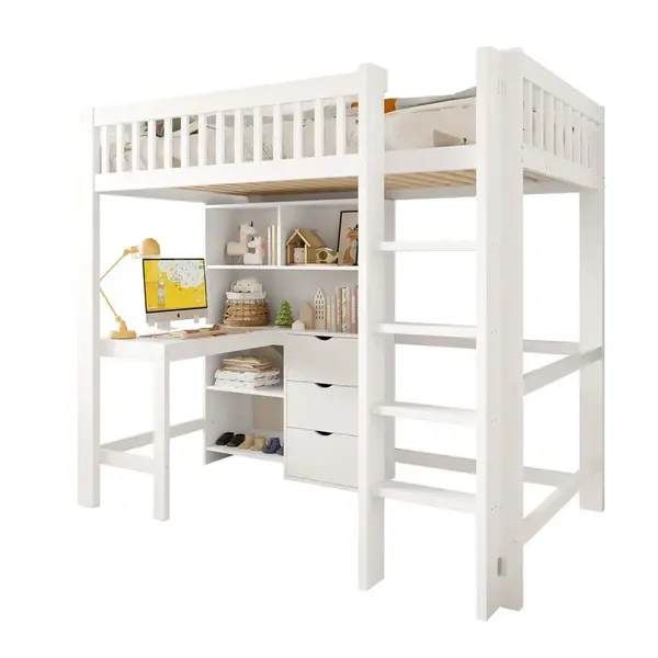 CHICFURN VYVÝŠENÁ POSTEL 90/200 cm v bílé barvě se stolem, 3 zásuvkami a policemi