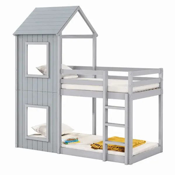 STILVORA DĚTSKÁ POSTEL 90/200 cm, šedá, z borovice, design domku na stromě