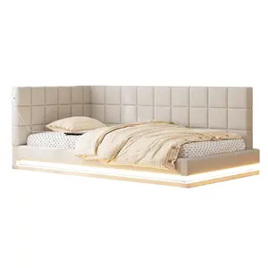 FLIEKS ČALOUNĚNÁ POSTEL, 90×200 cm, lněná, LED, USB, béžová