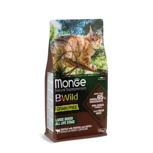 MONGE BWild Cat Grain free Large Breed 1,5kg bezobilninové kompletné krmivo pre mačky veľkých plemien s byvolom, zemiakmi a šošovicou