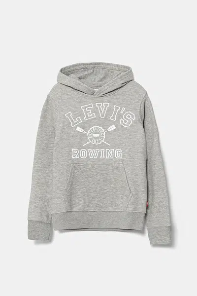 Dětská mikina Levi's VARSITY ROWING HOODIE šedá barva, s kapucí, s potiskem, 9EM573