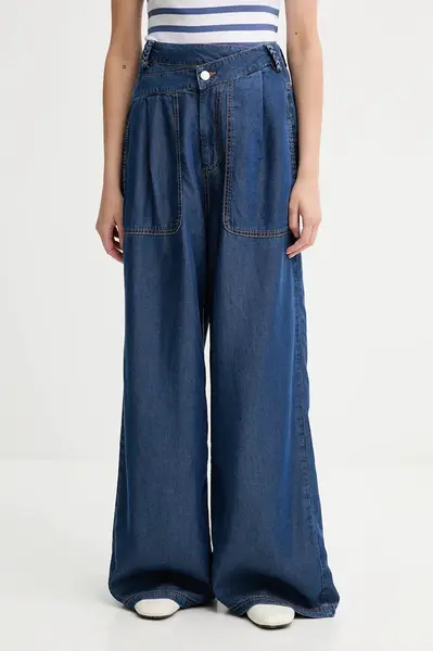 Kalhoty MUNTHE PAYTEN dámské, modrá barva, široké, high waist, 252142525207