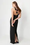 Trendyol Black A-Line Rose Detailed Woven Satin Long Elegant Evening Dress
