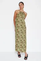 Trendyol zelený rovný strih maxi tkaný krk krk vzorované tkané šaty
