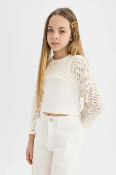 DEFACTO Girl's Relax Fit Crew Neck Ribbed Long Sleeve T-Shirt