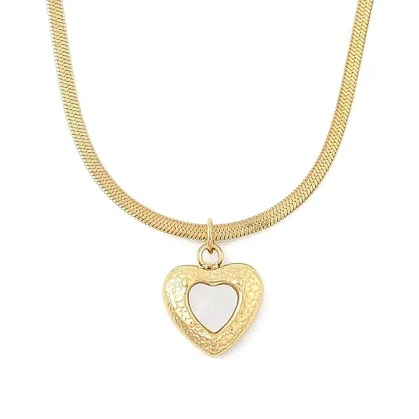 Ion Plating(IP) 304 Stainless Steel & Shell Heart Pendant Flat Snake Chain Necklaces for Women