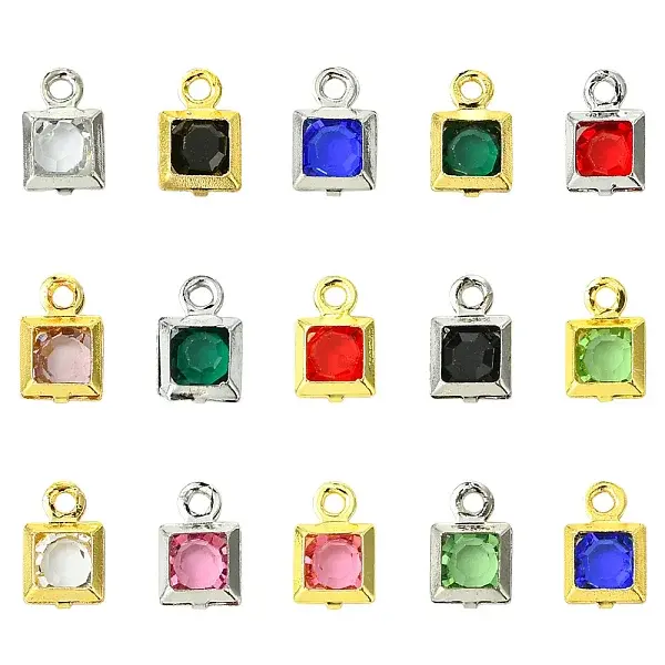 30Pcs 15 Colors Square Rack Plating Brass Glass Charms