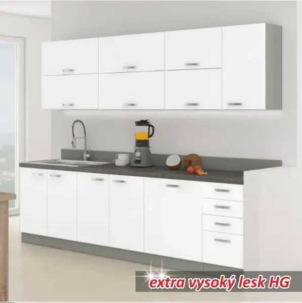 Kuchyňská linka, základní sestava, šedá vysoký lesk / krémová vysoký