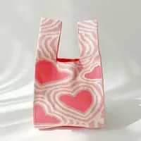Polyester Heart Print Knitted Tote Bags