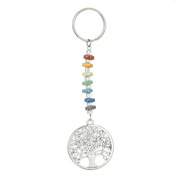 Chakra Natural Lava Rock & Alloy Tree of Life Pendant Keychain