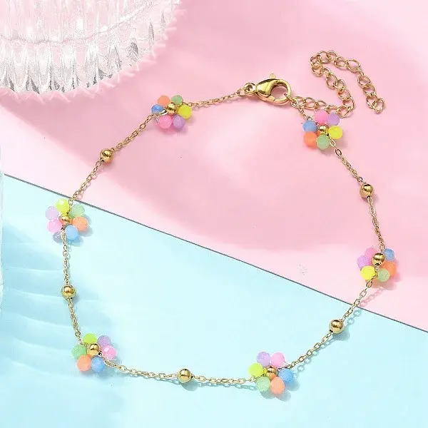 304 Stainless Steel & Synthetic Stone Daisy Flower Chain Anklets for Women