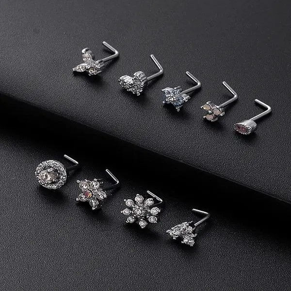 316L Surgical Stainless Steel Clear Cubic Zirconia L-Shaped Nose Rings