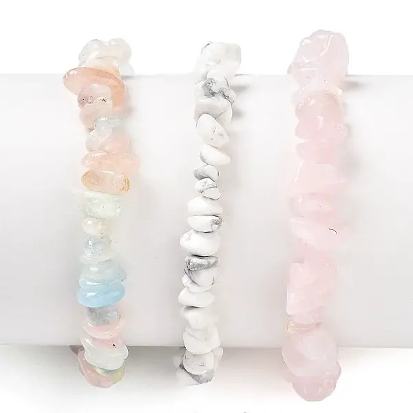 Chips Natural Rose Quartz & Morganite & Howlite Beaded Stretch Bracelets Sets