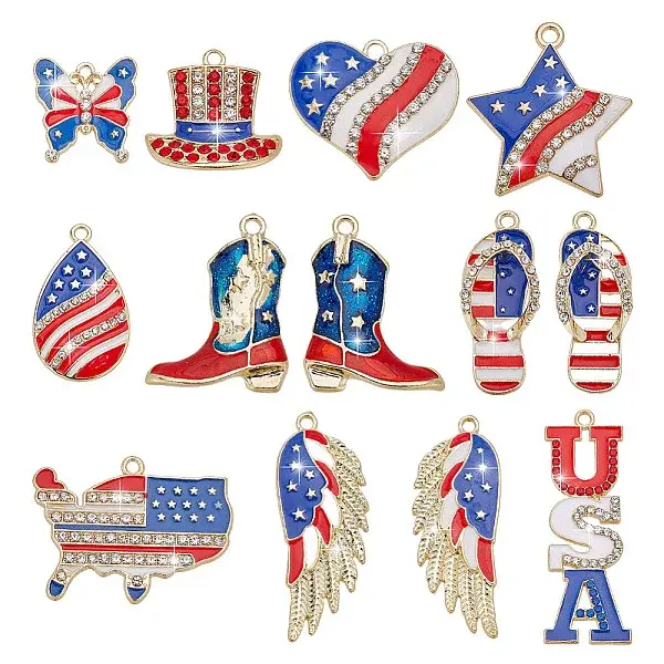 26Pcs 13 Styles Independence Day Theme Alloy Enamel Pendants